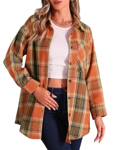 Women's Vintage Flannel Plaid Shirt Long Sleeve Casual Button Down Blouses Tops, Orange, XS