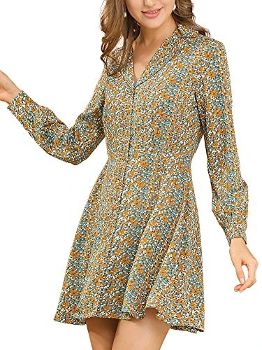 Women's Vintage Floral Print Camp Collar Dresses Long Sleeve Button Down Short Shirtdress Blue 12