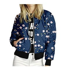 Womens Vintage Flower Print Bomber Casual Jacket Long Sleeve Zipper Stand Collar Aviator Jacket Outwear Fall Spring College Sweat Jacket Oversized Baseball Jacket
