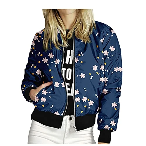 Womens Vintage Flower Print Bomber Casual Jacket Long Sleeve Zipper Stand Collar Aviator Jacket Outwear Fall Spring College Sweat Jacket Oversized Baseball Jacket