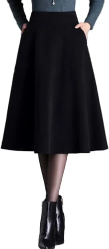 Women's Vintage High Waist Wool Blend A Line Skirts Fall Winter Elastic Flared Pleated Midi Skirt with Pockets Black