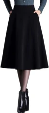 Women's Vintage High Waist Wool Blend A Line Skirts Fall Winter Elastic Flared Pleated Midi Skirt with Pockets Black