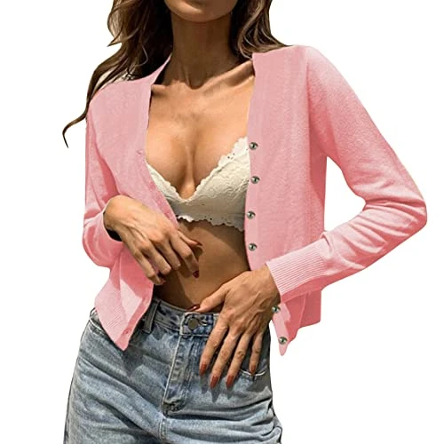 Women's Vintage Knitted Blazer with Shawl Collar for Women, Ribbed Button-Down Knitted Jumper Cardigans Short for Women, pink, XXL