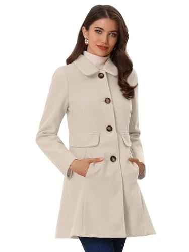 Women's Vintage Lapel Collared Overcoat Single Breasted Mid-Long Winter Coat Cream White XS