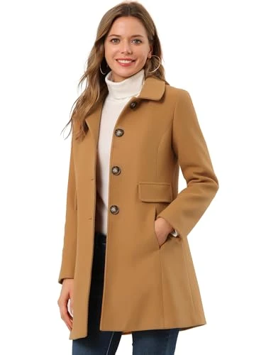 Women's Vintage Lapel Collared Overcoat Single Breasted Mid-Long Winter Coat Khaki M