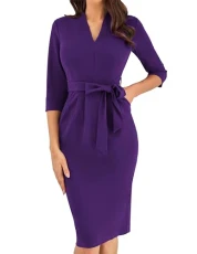 Womens Vintage Pencil Work Dress 3/4 Sleeve Bodycon Dress with Belt Elegant Solid Colour Cocktail Dress Formal Evening Dress L Purple Size 18