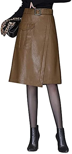 Women's Vintage PU Leather High Waist A-line Midi Skirt (10, Brown)