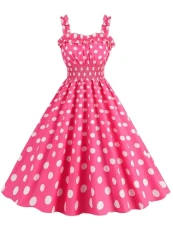 Womens Vintage Sleeveless Pink Dress Ruched Summer Cute Skirt A-Line Flowy Swing Midi Dress A Hot Pink Dot S