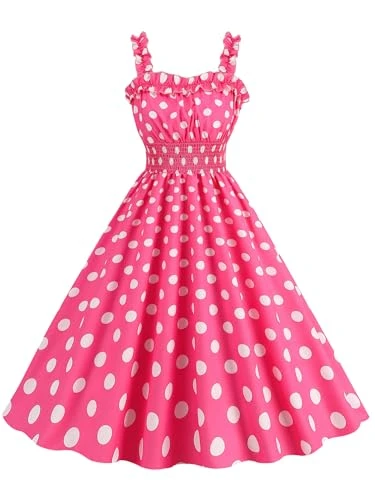 Womens Vintage Sleeveless Pink Dress Ruched Summer Cute Skirt A-Line Flowy Swing Midi Dress A Hot Pink Dot S