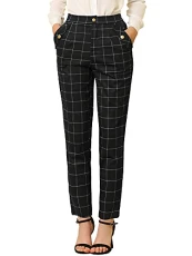 Women's Vintage Tartan Plaid Pants Elastic Waist Straight Long Trousers Black L Women's Vintage Tartan Plaid Pants Elastic Waist Straight Long Trousers Black L