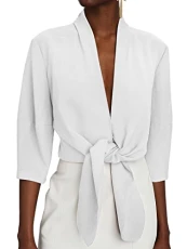 Women's Vintage Tie-Front Blouse 3/4 Sleeve V Neck Bolero Cardigans Wrap Crop Top White S Women's Vintage Tie-Front Blouse 3/4 Sleeve V Neck Bolero Cardigans Wrap Crop Top White S