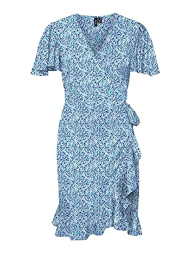 Women's Vmemma Henna Ss Short Wrap Dress WVN Ga, Skyway/AOP: Caro Flower, M
