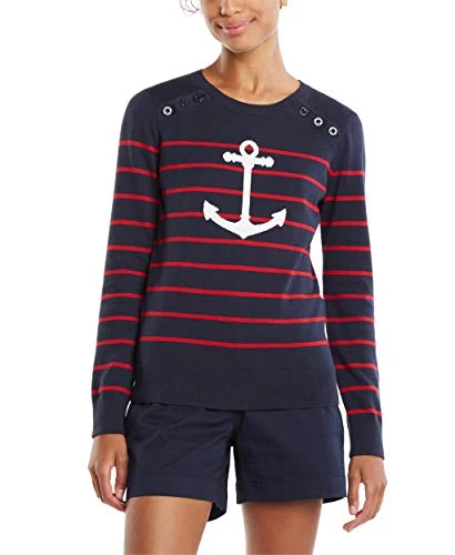 Women's Voyage Long Sleeve 100% Cotton Striped Crewneck Sweater, Navy, Large