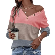 Womens Waffle Knit Shirts Tops V Neck Long Sleeve Blouses Color Block Button Up Pullover Tops, 1-red