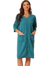 Womens Waffle Pajama 3/4 Sleeves Spa Bathrobe Loungewear Zipper Up Robes Peacoke Blue M