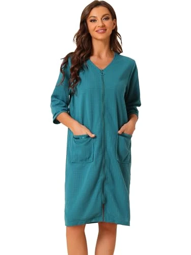 Womens Waffle Pajama 3/4 Sleeves Spa Bathrobe Loungewear Zipper Up Robes Peacoke Blue M