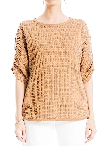 Women's Waffle Rouched Sleeve Knit Top Blouse, Camel, XL