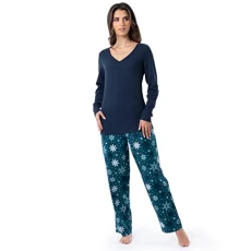 Women's Waffle V-Neck Top and Flannel Pant Sleep Set Pajama, Midnight Blue/Snowflake, 2X Women's Waffle V-Neck Top and Flannel Pant Sleep Set Pajama, Midnight Blue/Snowflake, 2X