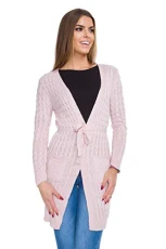 Womens Warm Cardigan Long Sleeve Chunky Cable with Belt & Pockets One Size WA82W Baby Pink