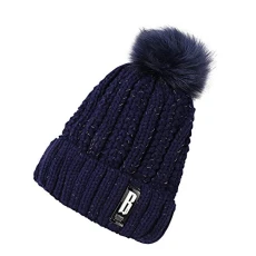 Womens Warm Knitted Hat Outdoor Plus Cashmere Thick Wool Hat Ear Protection Hairball Hat Navy 2