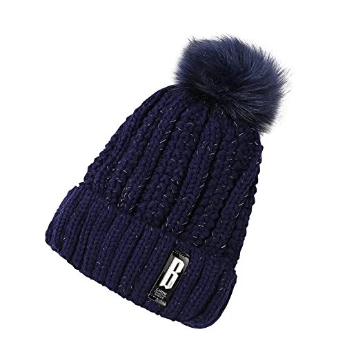 Womens Warm Knitted Hat Outdoor Plus Cashmere Thick Wool Hat Ear Protection Hairball Hat Navy 2