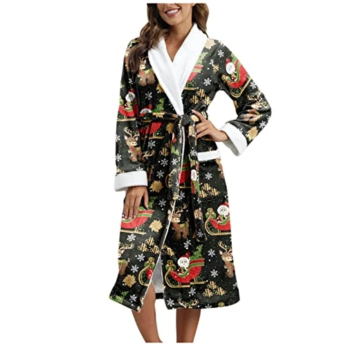 Women's Warm Lengthened Bathrobe Trendy Printed Long Sleeve Lapel Splicing Winter Soft Bath Gown Sleepwear Pajiamas Women Pajamas Set under 20