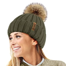 ®Womens Warm Winter Hat Woolly Knitted Beanie with Detachable Chunky Faux Fur Bobble Pom Pom-Olive