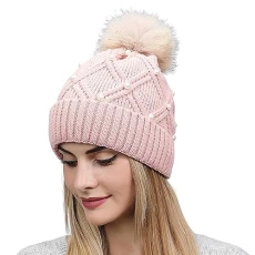 Womens Warm Winter Hat Woolly Knitted Beanie with Detachable Chunky Faux Fur Bobble Pom Pom Pink