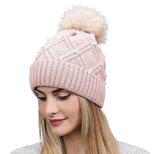 Womens Warm Winter Hat Woolly Knitted Beanie with Detachable Chunky Faux Fur Bobble Pom Pom Pink