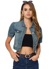 Women's Washed Denim Jacket Button Closure Puff Short Sleeve Crop Jean Top Blue S