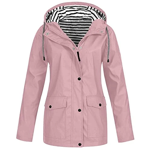 Women's Waterproof Jacket Hooded Raincoat Lightweight Packable Outdoor Rain Jacket Zipper Long Rain 