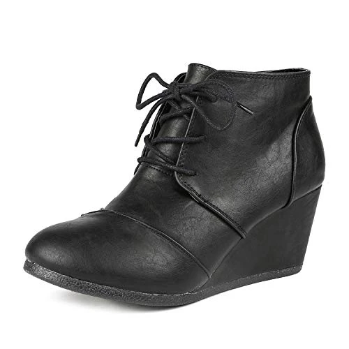 Women's Wedge Ankle Boots Lace Up Slip On Work Casual Fashion Low Wedge Shoes TOMSON BLACK/PU Size 6