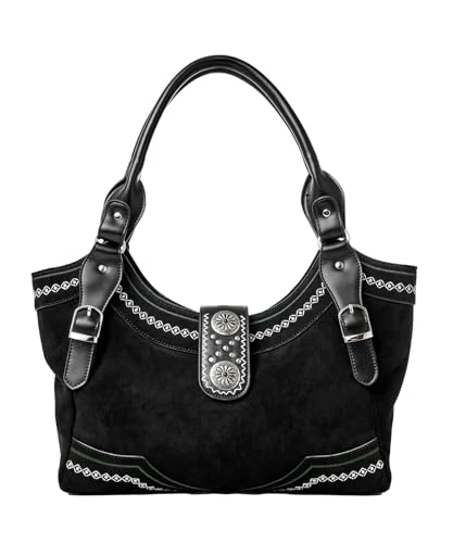 Women's Western Embroidered Studded Shoulder Bag, Black Multi