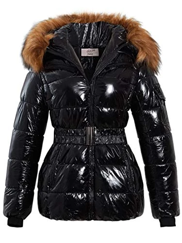 Womens Wet Look Puffer Coat with Faux Fur Black