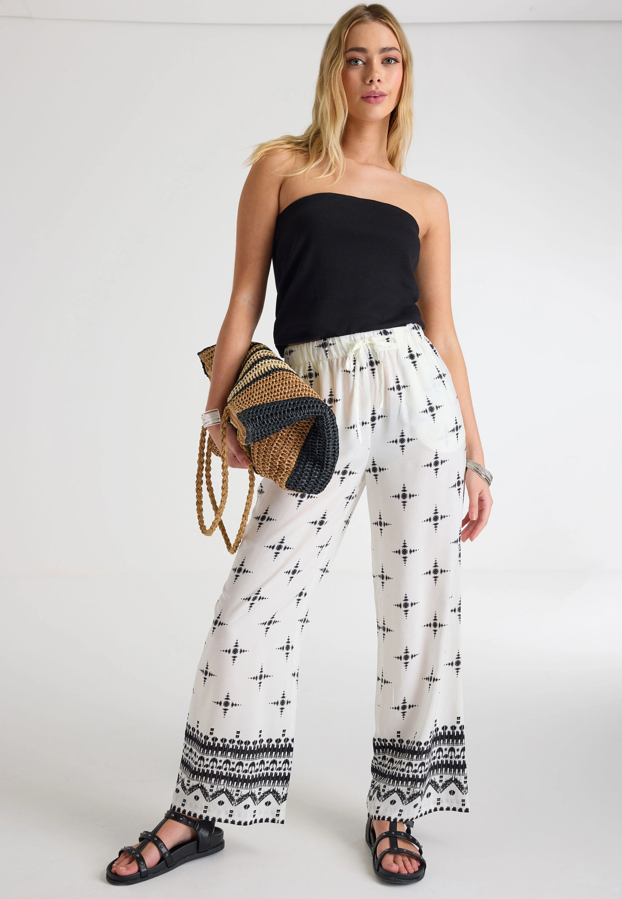 Womens White & Black Print Wide Leg Trousers