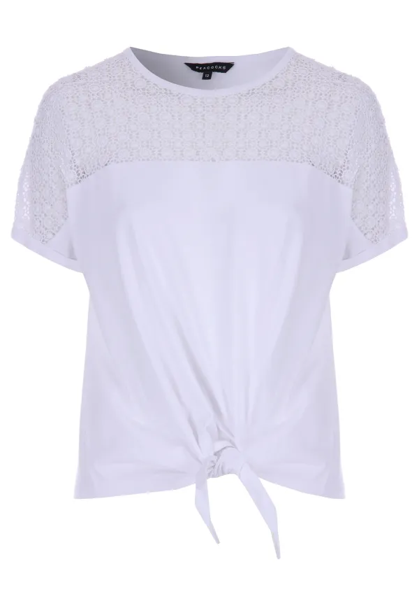 Womens White Broderie Cotton Front Knot T-Shirt