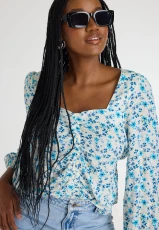 Womens White Ditsy Long Sleeve Tea Top