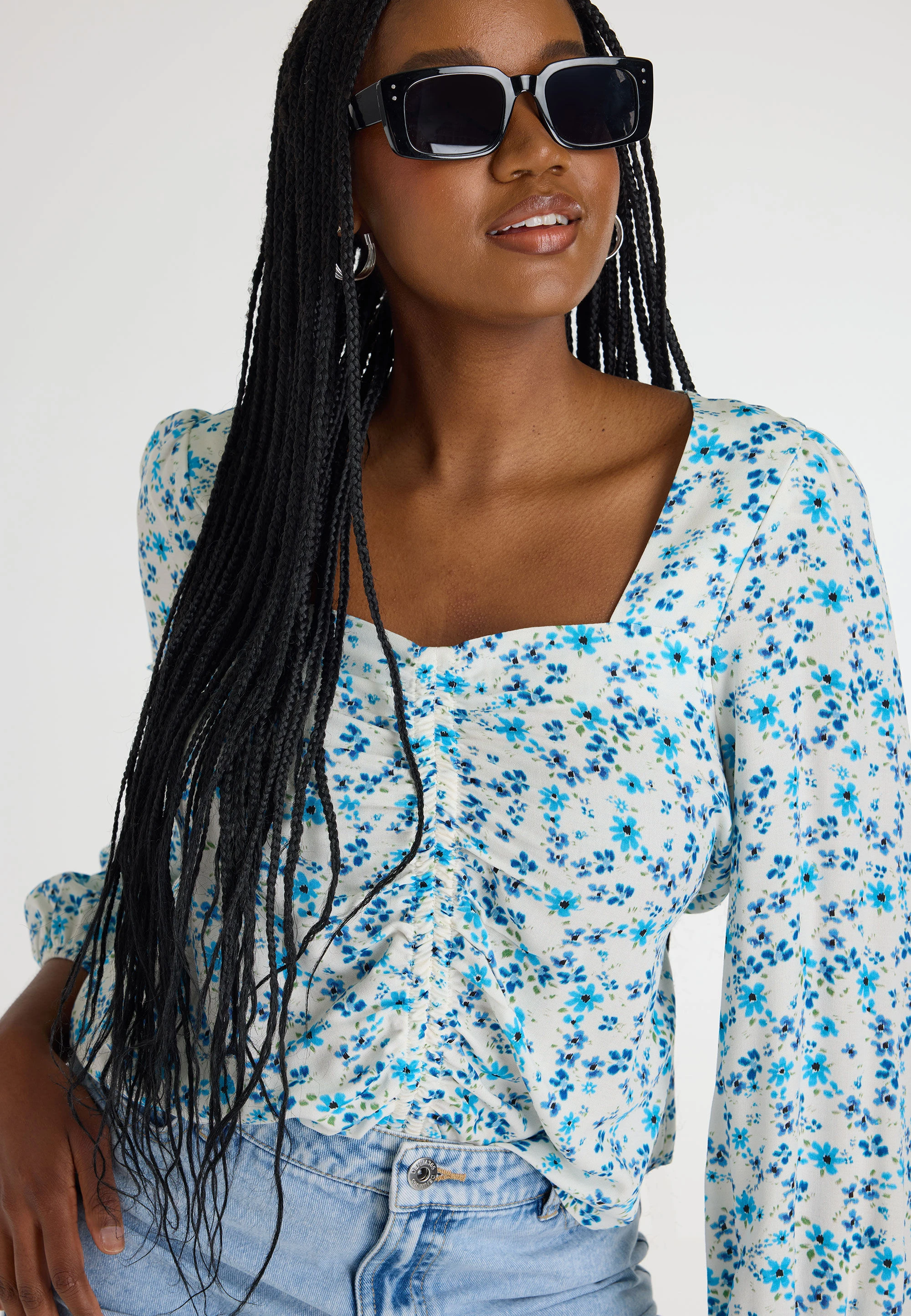 Womens White Ditsy Long Sleeve Tea Top