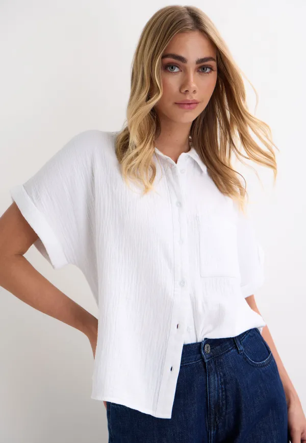 Womens White Double Cotton Short Sleeve Shirt