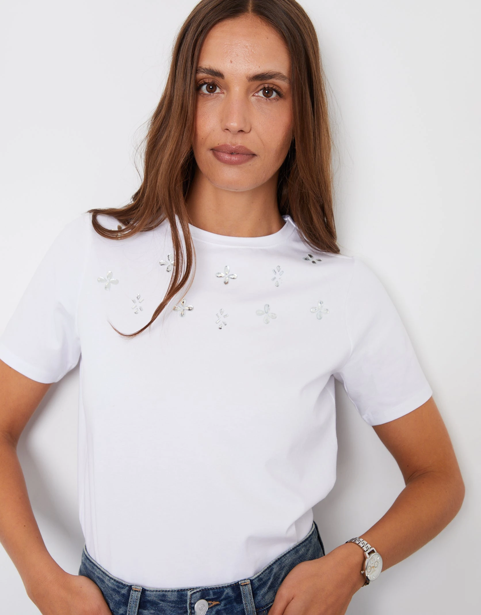 Women's White Embellished T-Shirt