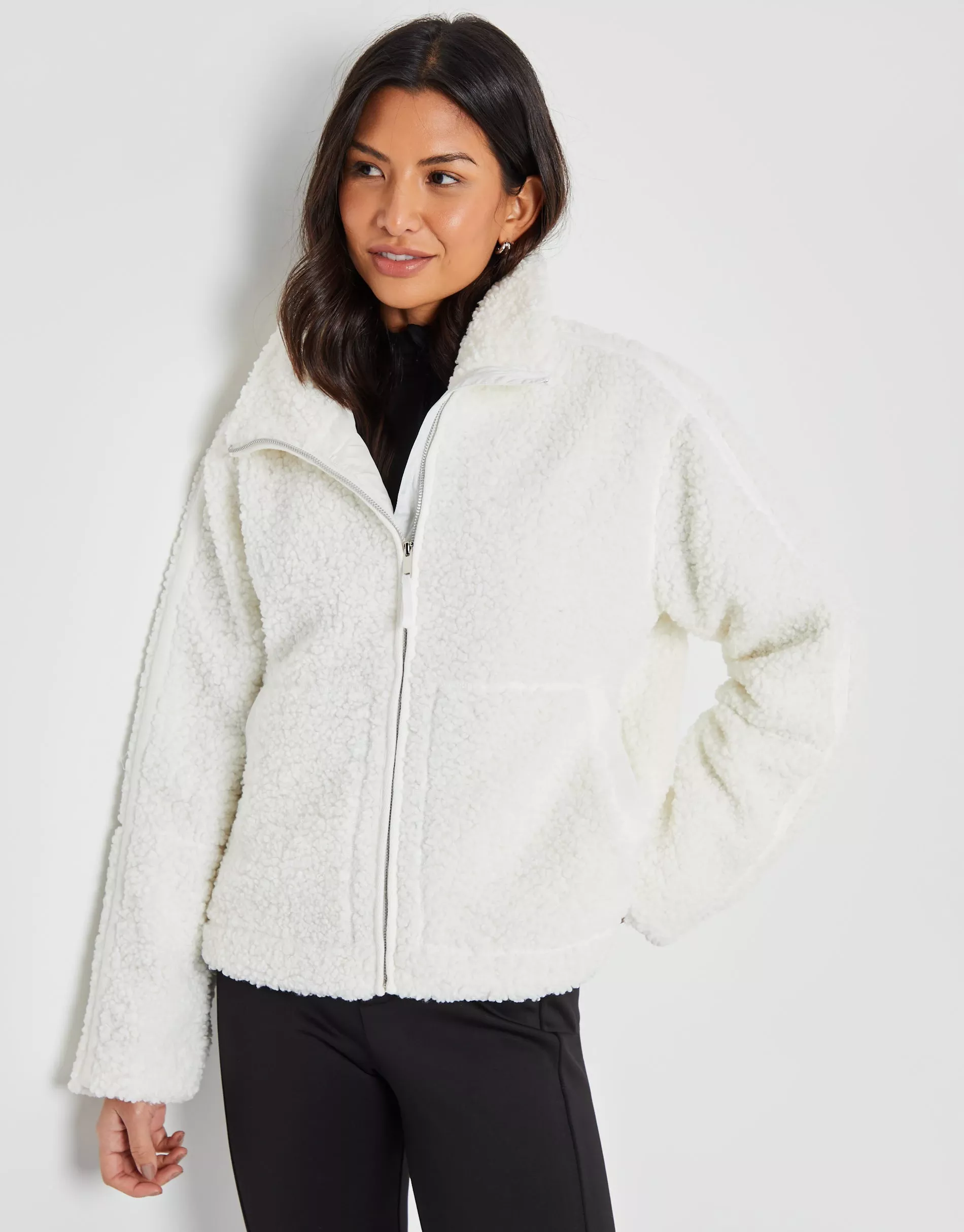 Women's White Funnel Neck Zip-Up Borg Fleece