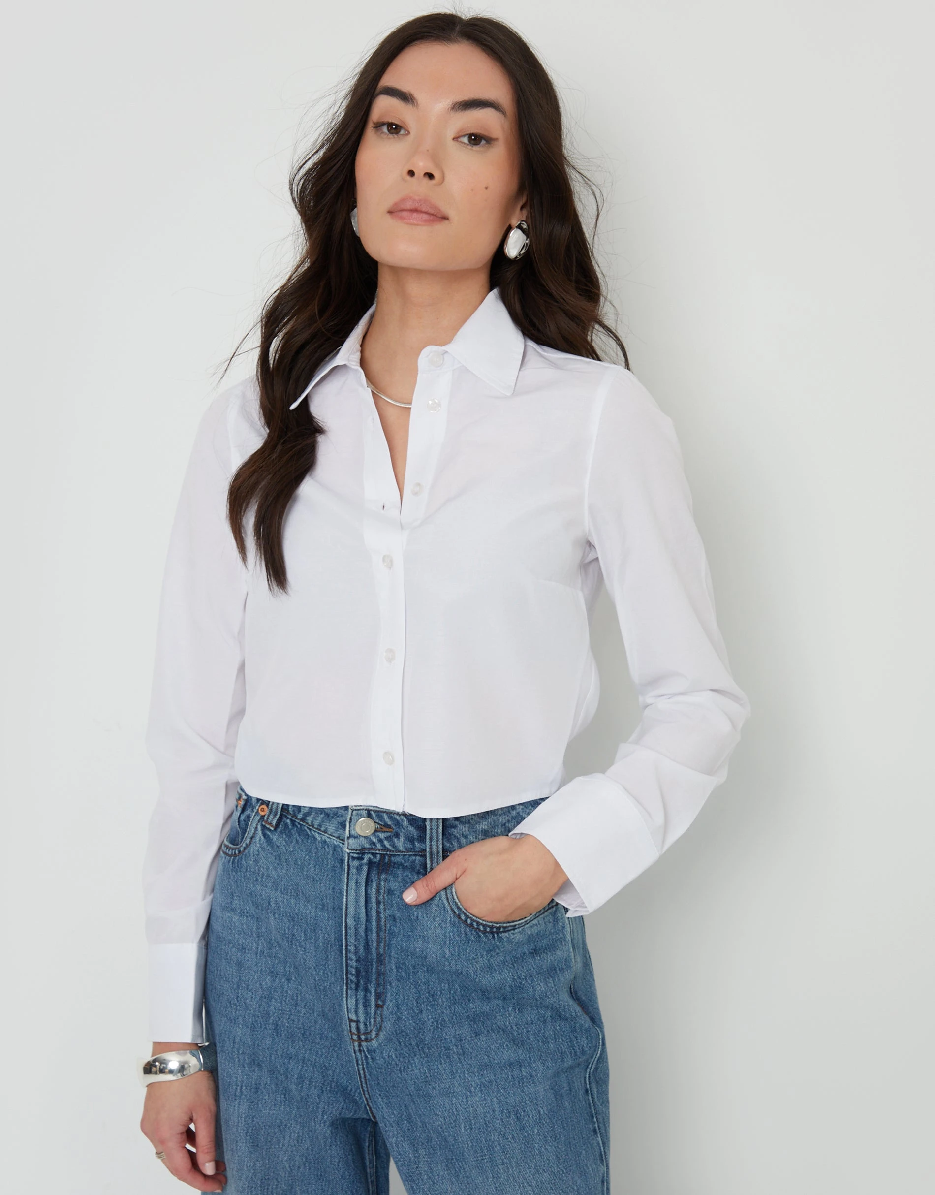 Women's White Long Sleeve Cropped Shirt