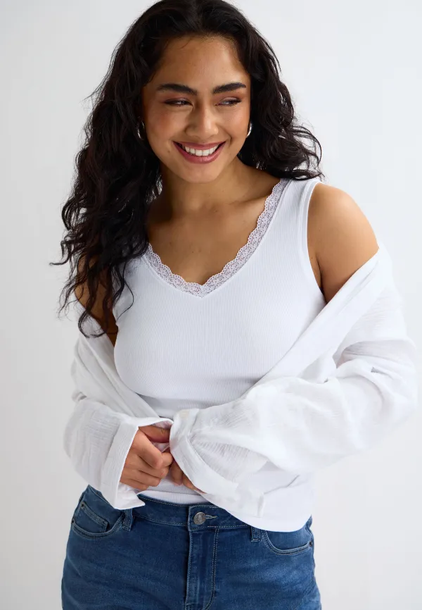 Womens White Ribbed Lace Trim Vest Top