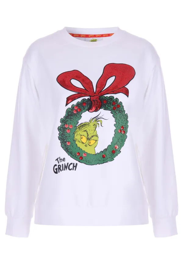Womens White Sequin Grinch Christmas Jumper