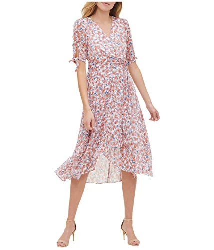 Womens White Sheer Floral Elbow Sleeve Surplice Neckline Below The Knee Faux Wrap Evening Dress UK Size:20