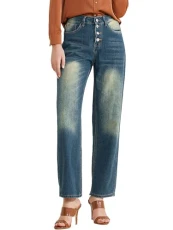 Women's Wide Leg Jeans High Waisted Straight Leg Jeans Buttoned Denim Pants with Pocket, Blue, M