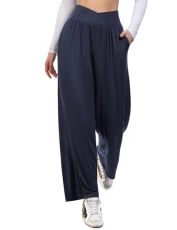 Womens Wide Leg Trousers Elastic High Waisted Summer Pants Straight Yoga Bottoms Casual Palazzo Pants Work Trousers with Pockets Navy Blue