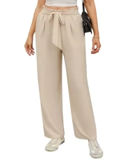 Womens Wide Leg Trousers Elasticated Waist Summer Pants with Pockets Lightweight Lounge Palazzo Pants Casual Work Trousers Beige