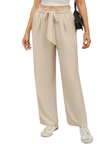 Womens Wide Leg Trousers Elasticated Waist Summer Pants with Pockets Lightweight Lounge Palazzo Pants Casual Work Trousers Beige