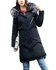 Women's Wind and Waterproof Parka Long Sleeve Quilted Jacket Big Fur Collar Down Outerwear Black L